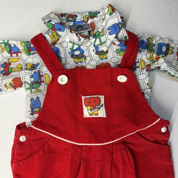 Vintage Petit Jouet Overalls Red Corduroy Animals Boy Girl Set 2 Piece 6-9 Mo - Picture 2 of 14